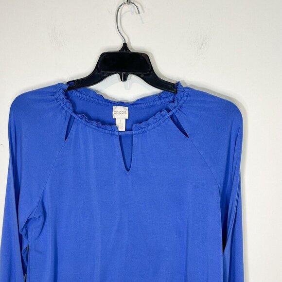 CHICO'S Top Size 1‎ Medium Periwinkle Cutout Ruffle Neck Womens Shirt Size M - Picture 5 of 10